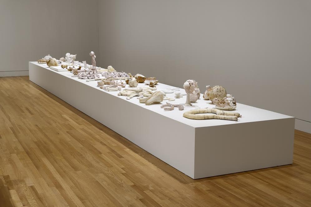 Many small to medium-sized organically shaped sculptures sit on a long, low white pedestal.